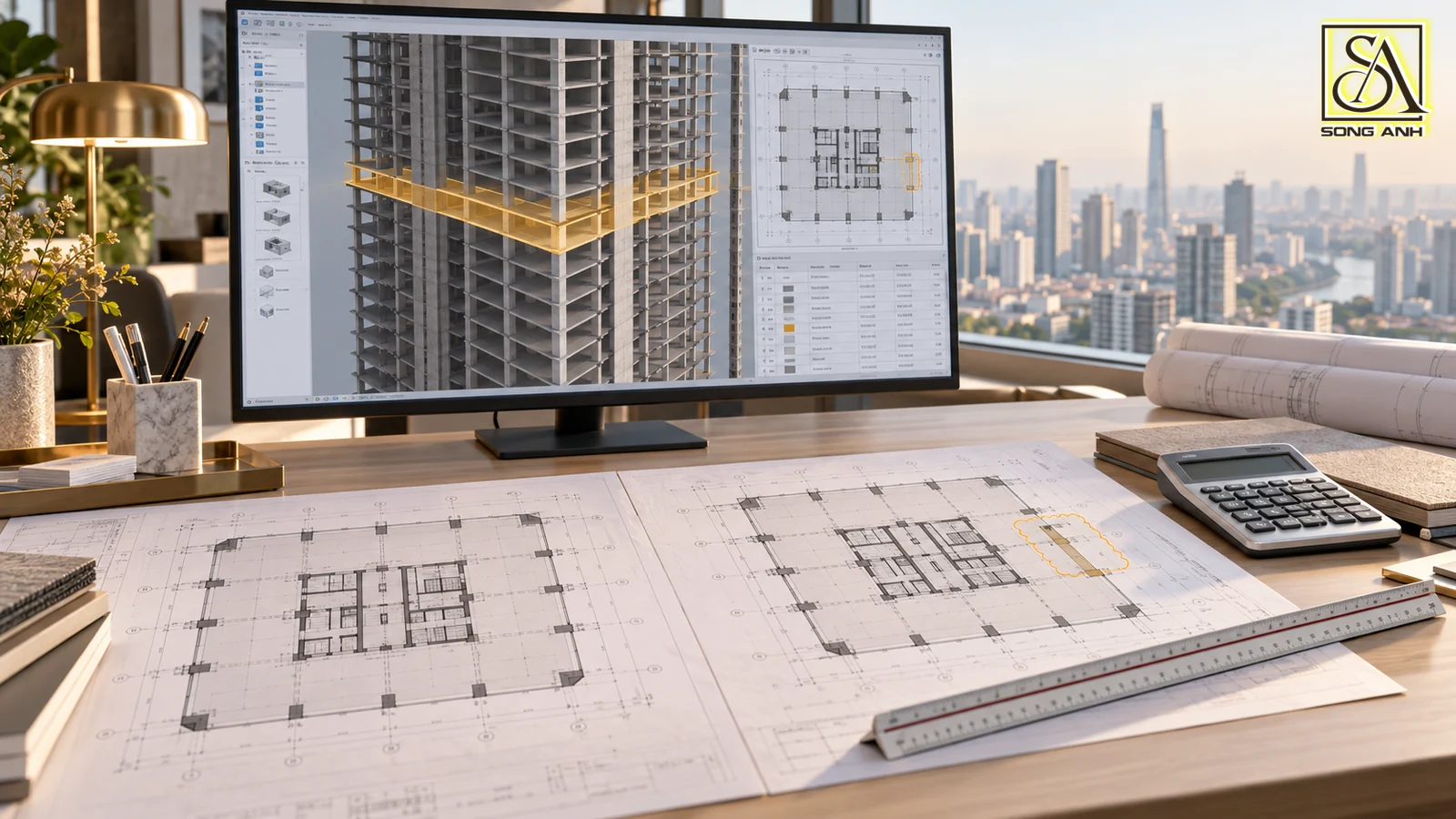 Đối chiếu bản vẽ kết cấu điều chỉnh với mô hình tầng điển hình để kiểm tra khối lượng nhà cao tầng.
